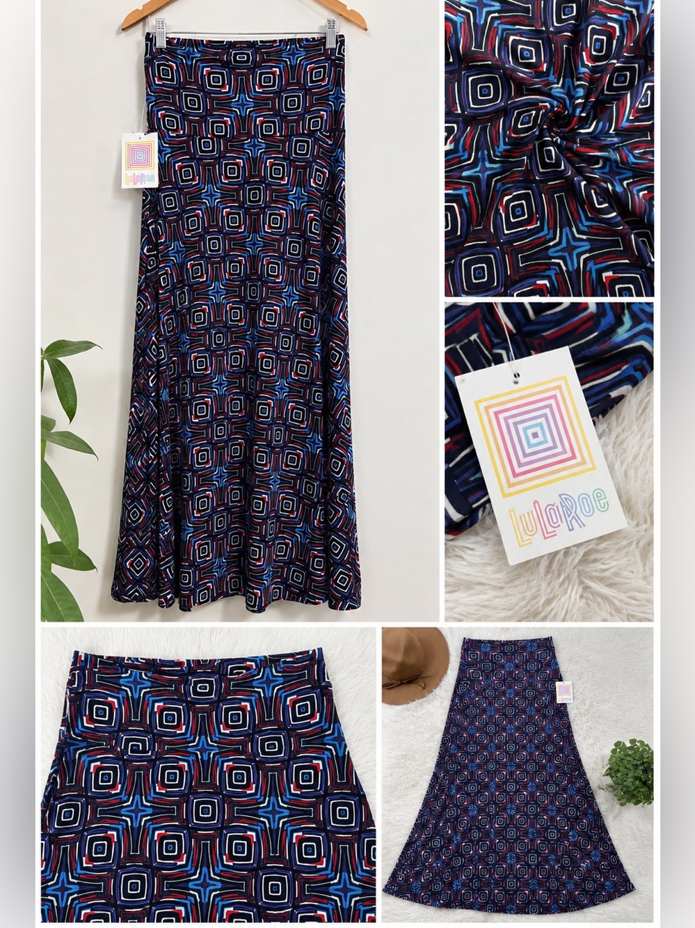 LuLaRoe Maxi Skirt Small Blue Red Geometric Boho Stretch NWT
